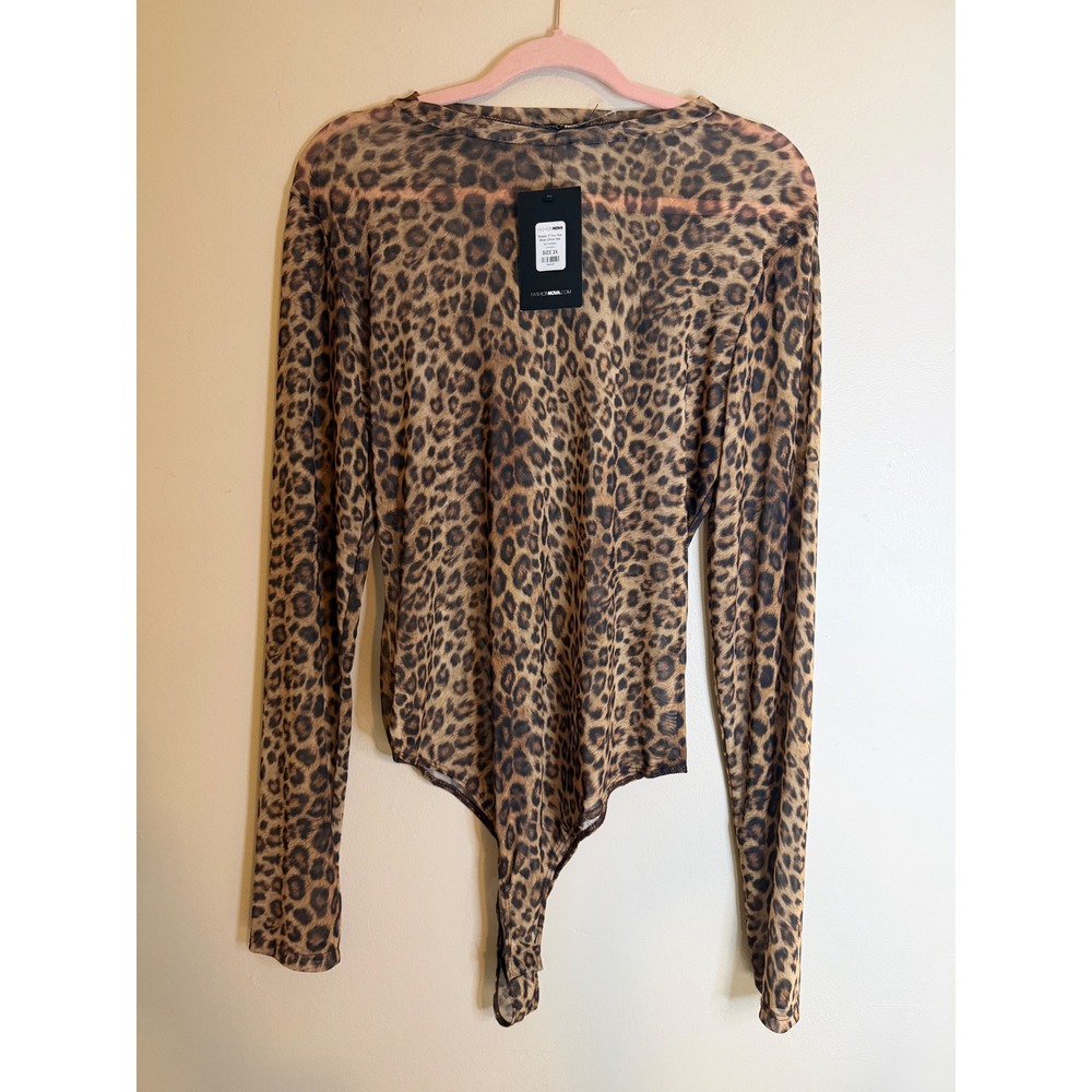 Fashion Nova Womens 2X Leopard Biker Sheer Mesh Long Sleeve Bodysuit Cheetah Y2K
